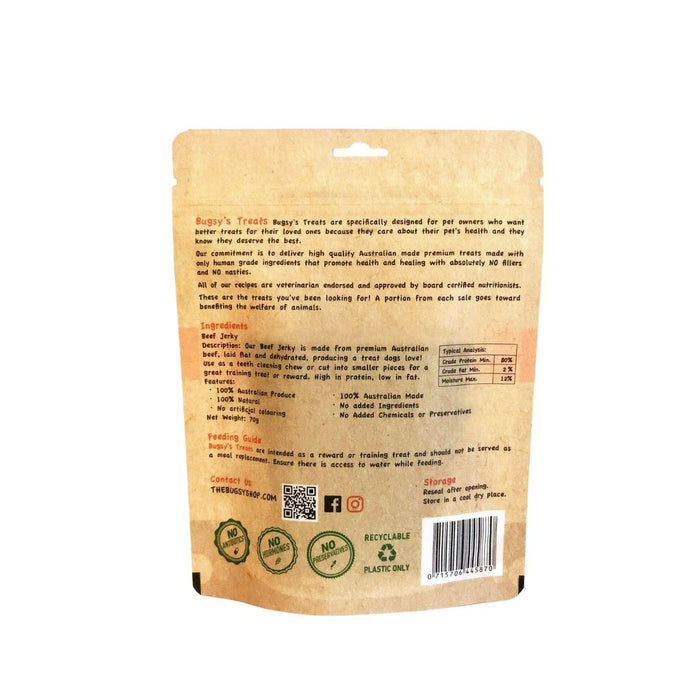 BUGSY's Dehydrated Beef Jerky Strips Dog Treats 70g - 01