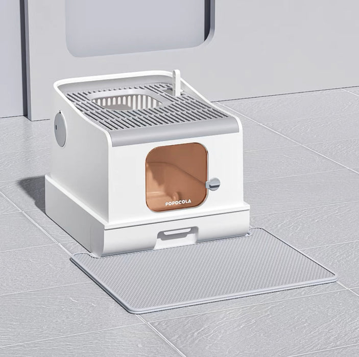 POPOCOLA | Top-Entry Enclosed Large Space Cat Litter Box｜Snow white